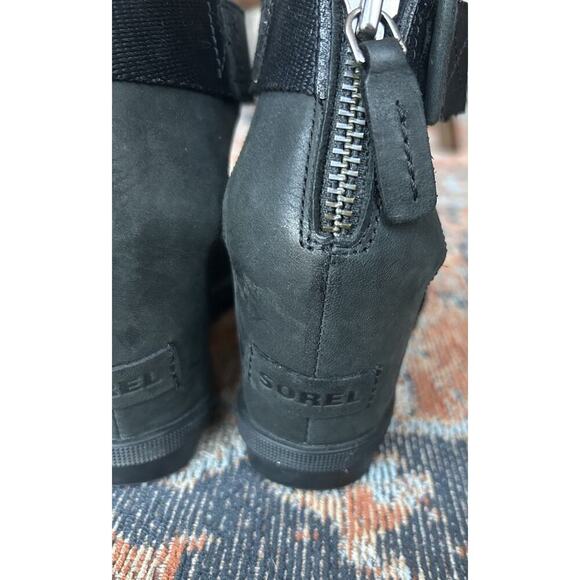 SOREL Women's Joanie II Ankle Strap Black Leather Wedge Sandals Size 8 - Picture 7 of 11